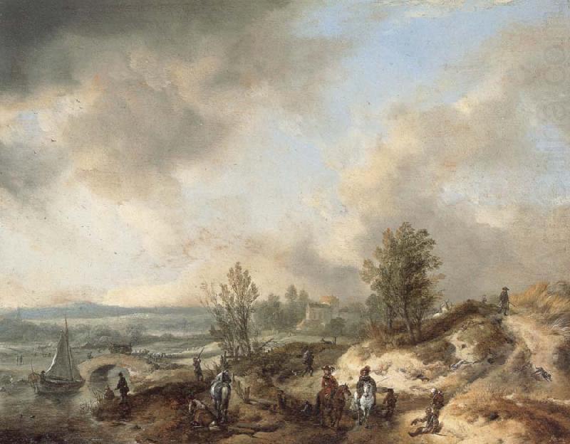 Philips Wouwerman A Dune Landscape with a River and Many Figures